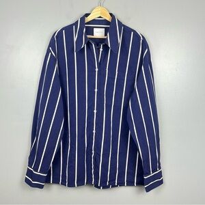 Yaitte blue and white striped button front oversized tunic length shirt, small.